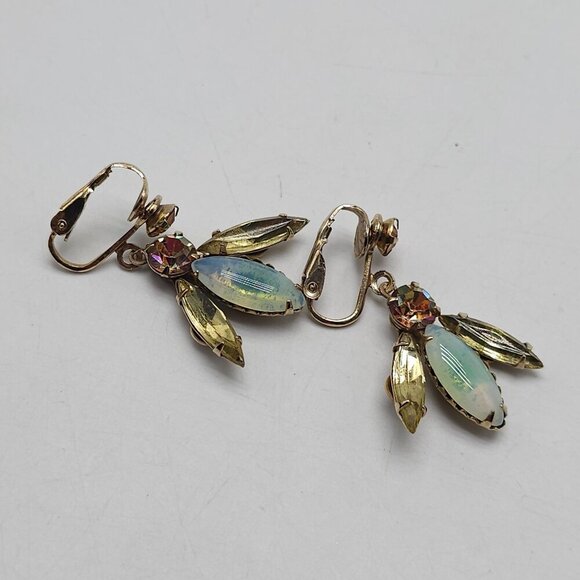 Vintage Topaz Rhinestone Opalescent Glass Clip-On Earrings Gold Tone Settings - Picture 3 of 5